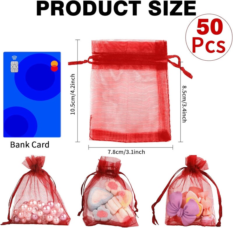 BOEIAC Burgundy Sheer Organza Bags - 3 x 4 inch, 50 Pcs, Small with Drawstring, Jewelry Gift & Party Favor Bags for Candy, Wedding, Christmas - Image 2